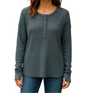 Aerie Waffle Knit Henley Partial Button Down Khaki Green Womens Sz XS Oversized